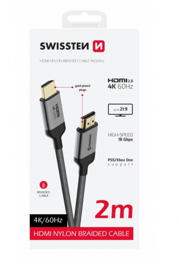 Swissten Kabel Hdmi 2.0, 60Hz, 18Gb/S, 4K, Do 21:9, 2M, Pozlaćeni Konek, Crni - slika proizvoda