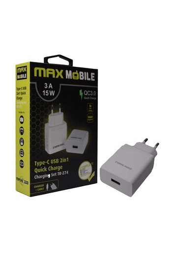 MAXMOBILE KUĆNI PUNJAČ SET 2U1 QC 3.0 QUICK CHARGE USB+ TYPE C, 3A,15W  bijeli - slika proizvoda