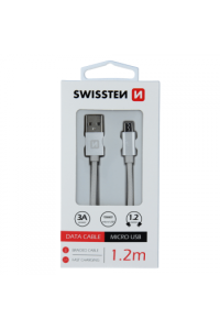 Swissten Kabel Usb/Microusb, Platneni, 3A, 1.2M, Srebrni - slika proizvoda
