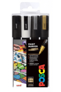 Uni pak marker Posca pc-5m crni,bijeli,zlatni, srebrni 4/1