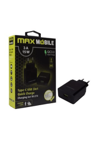 MAXMOBILE KUĆNI PUNJAČ SET 2U1 QC 3.0 QUICK CHARGE USB+ TYPE C, 3A,15W crni