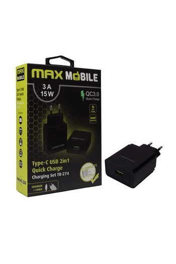 MAXMOBILE KUĆNI PUNJAČ SET 2U1 QC 3.0 QUICK CHARGE USB+ TYPE C, 3A,15W crni - slika proizvoda