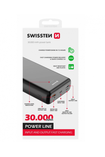 Dodatna Baterija - Power Bank Swissten 30000Mah, 20W, Pd, Qc, Svi Utori, Crna - slika proizvoda