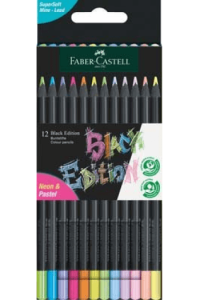 Boje drvene 12boja trokutaste Black Edition neon+pastel Faber Castell 116410 blister