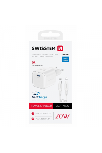Swissten Punjač Za Ac220, Gan, 20W, 1Xusb-C, 3A, Bijeli + Lightning Kabel - slika proizvoda