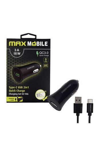 Maxmobile Auto Adapter USB SC-106 QC 3.0, 18W Quick Charge 3A+Type C crni - slika proizvoda