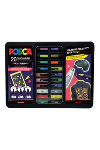 Uni gift set Posca u metalnoj kutiji 20kom (mix pc-1m, pc-3m,pc-5m) groovy colours - slika proizvoda