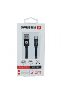 Swissten kabel USB/USB-C, platneni, 3A, 2M, CRNI