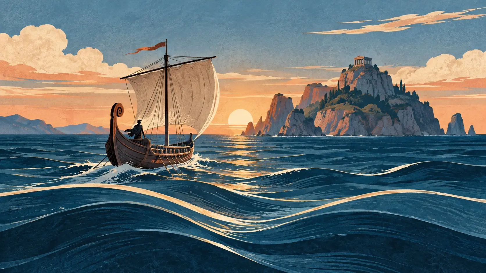 Ilustracija jedrenjaka koji plovi prema stjenovitom otoku
